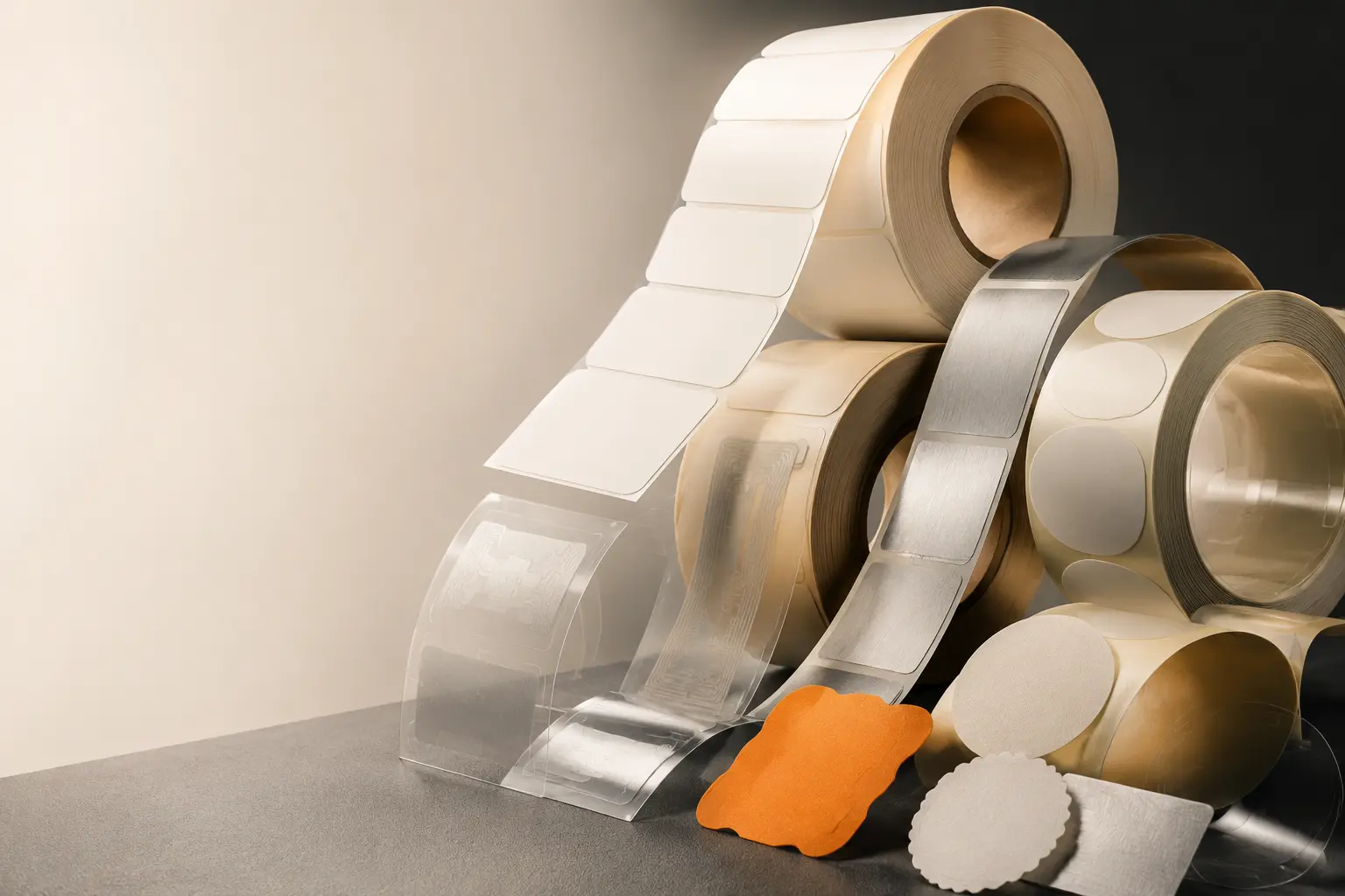 Rolls and sheets of modern labels with different finishes